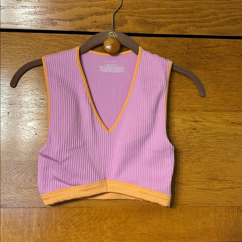 Y2K Sporty Chic Purple Orange Ribbed V-Neck Crop Top Crossover Hem Sleeveless - Picture 1 of 7